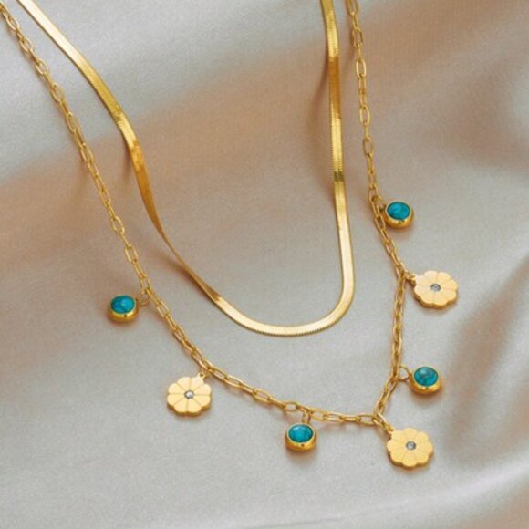 New 14k Solid Gold Necklace Multi-layered, Round Turquoise & Flowery Pendant - Picture 2 of 2
